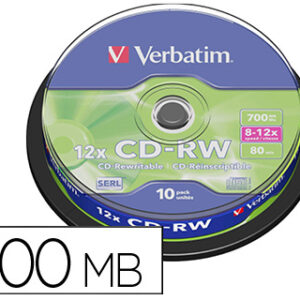 Cd-rw verbatim serl capacidade 700mb velocidade 12x 80 min torre de 10 unidades