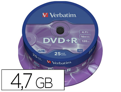 Dvd+r verbatim capacidade 4.7gb velocidade 16x 120 min torre de 25 unidades Dvd+r verbatim capacidade 4.7gb velocidade 16x 120 min torre de 25 unidades