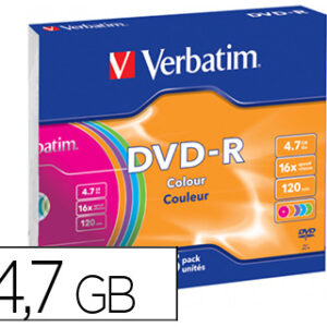 Dvd-r verbatim capacidade 4.7gb velocidade 16x 120 min pack de 5 unidades cores sortidas caixa slim