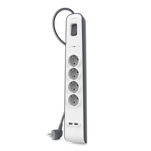 Extensao eletrica belkin bsv401vf2m protecao sobretensao 4 tomadas + 2 portas usb botao corte corrente cor branco/cinza