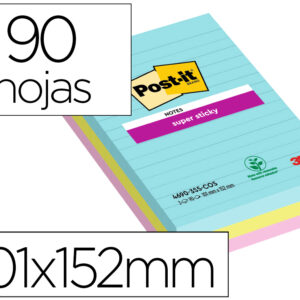 Bloco de notas adesivas post-it super sticky cosmic pautado 90 folhas 101x152 mm pack de 3 uds cores sortidas