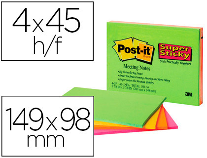 Bloco de notas adesivas post-it super sticky 149x98 mm com 45 folhas pack de 4 unidades cores neon Bloco de notas adesivas post-it super sticky 149x98 mm com 45 folhas pack de 4 unidades cores neon