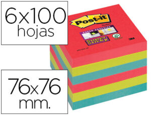 Bloco de notas adesivas post-it super sticky 76x76 mm com 6 blocos 2 vermelhos verde neon azul