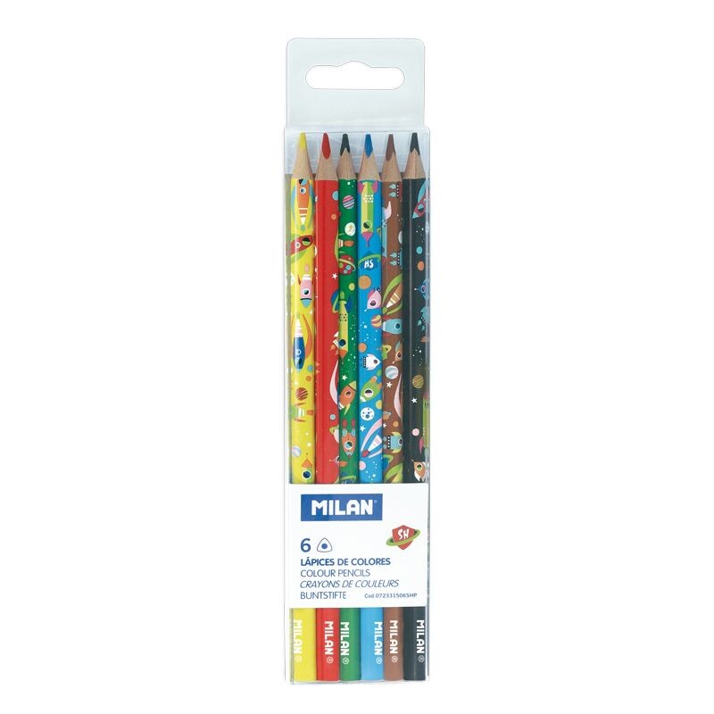 Caixa com 6 lápis de cor triangulares com desenhos infantis do Espaço Super Heróis Caixa com 6 lápis de cor triangulares com desenhos infantis do Espaço Super Heróis