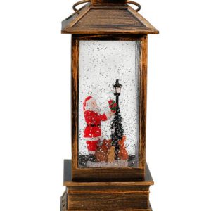 Lanterna nostálgica com árvore de Natal e rajada de neve